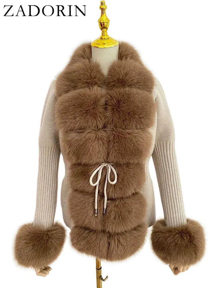 ZADORIN Fall Winter Women Faux Fur Coat Luxury Knitted Sweater Fur Cardigan Detachable Collar White Pink Jacket Faux Fur Coats ZITA LA BELLE ÉLITE