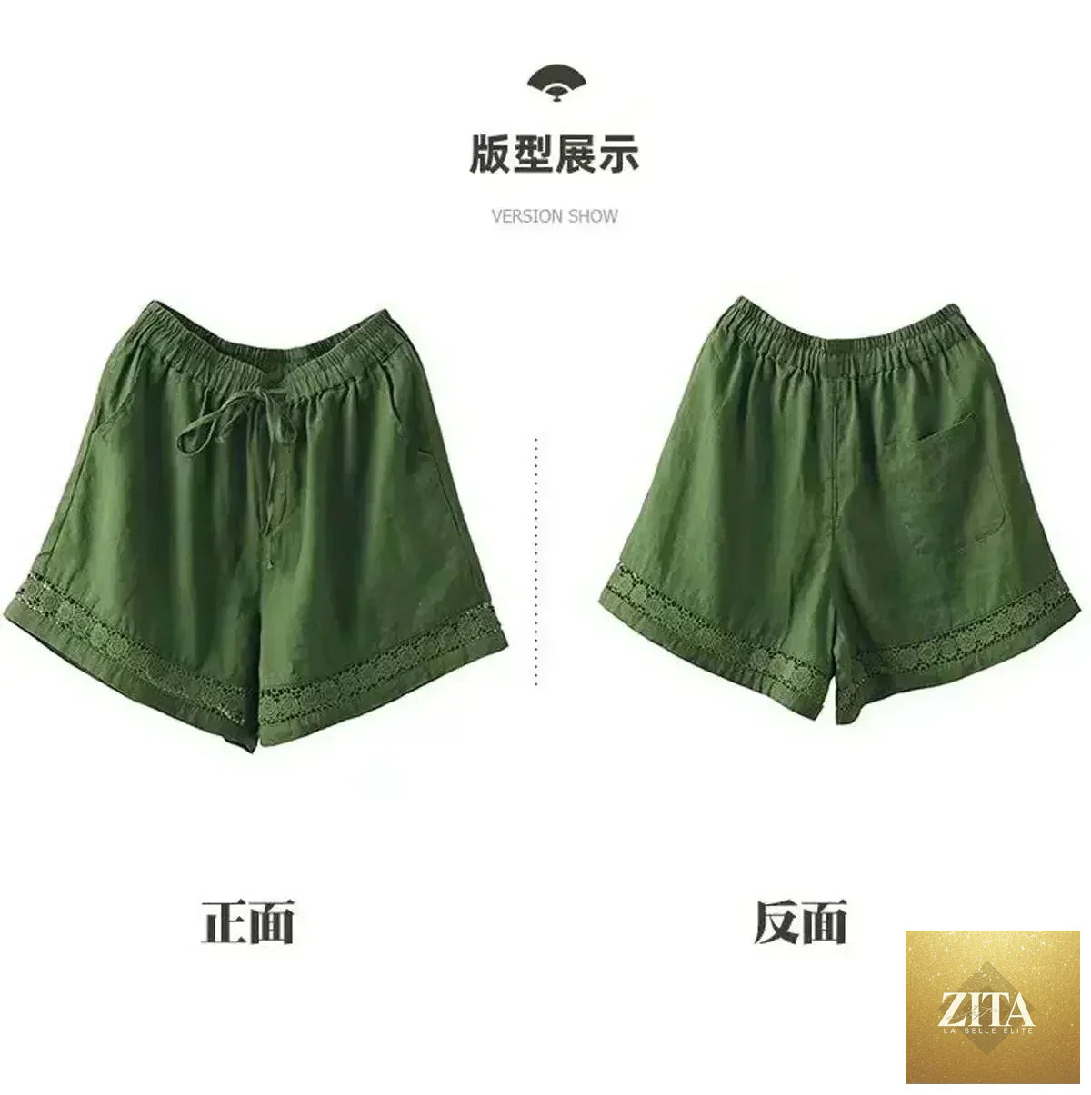 Femstylo cotton linen high-waist shorts with tie belt, embroidered hollow design, casual straight fit in a vintage style.