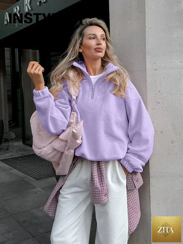 Women’s autumn winter fleece hoodie with stand collar, zipper, loose fit, solid color, casual streetwear sweatshirt.
