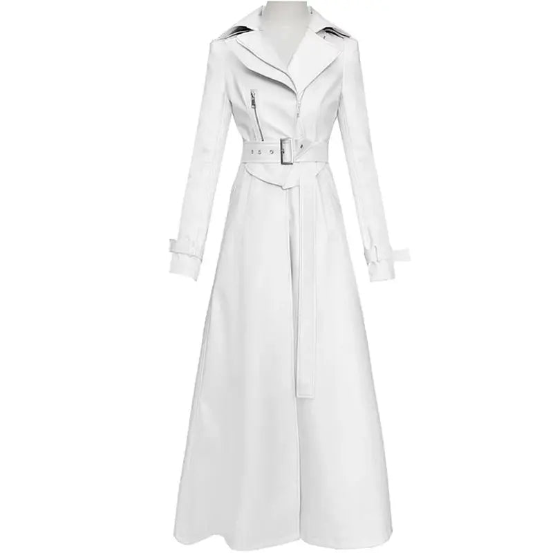 Mauroicardi Spring Autumn White Fitted Long Pu Leather Coat Women Zipper Belt Elegant Chic Luxury Designer Fake 2 Clothes 2024 ZITA LA BELLE ÉLITE