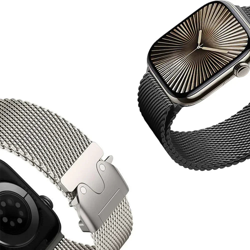 Apple Watch titanium Milanese loop strap by BandsCo Straps, featuring a sleek, durable stainless steel mesh design.