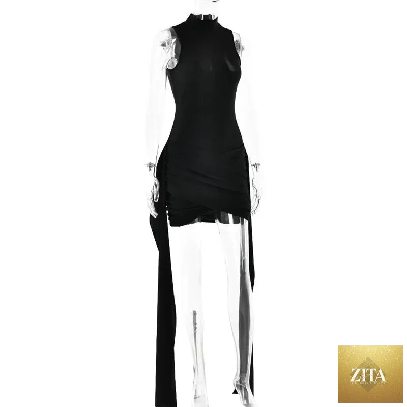 Femstylo sleeveless turtleneck mini dress with ruched, asymmetrical design, perfect for parties.