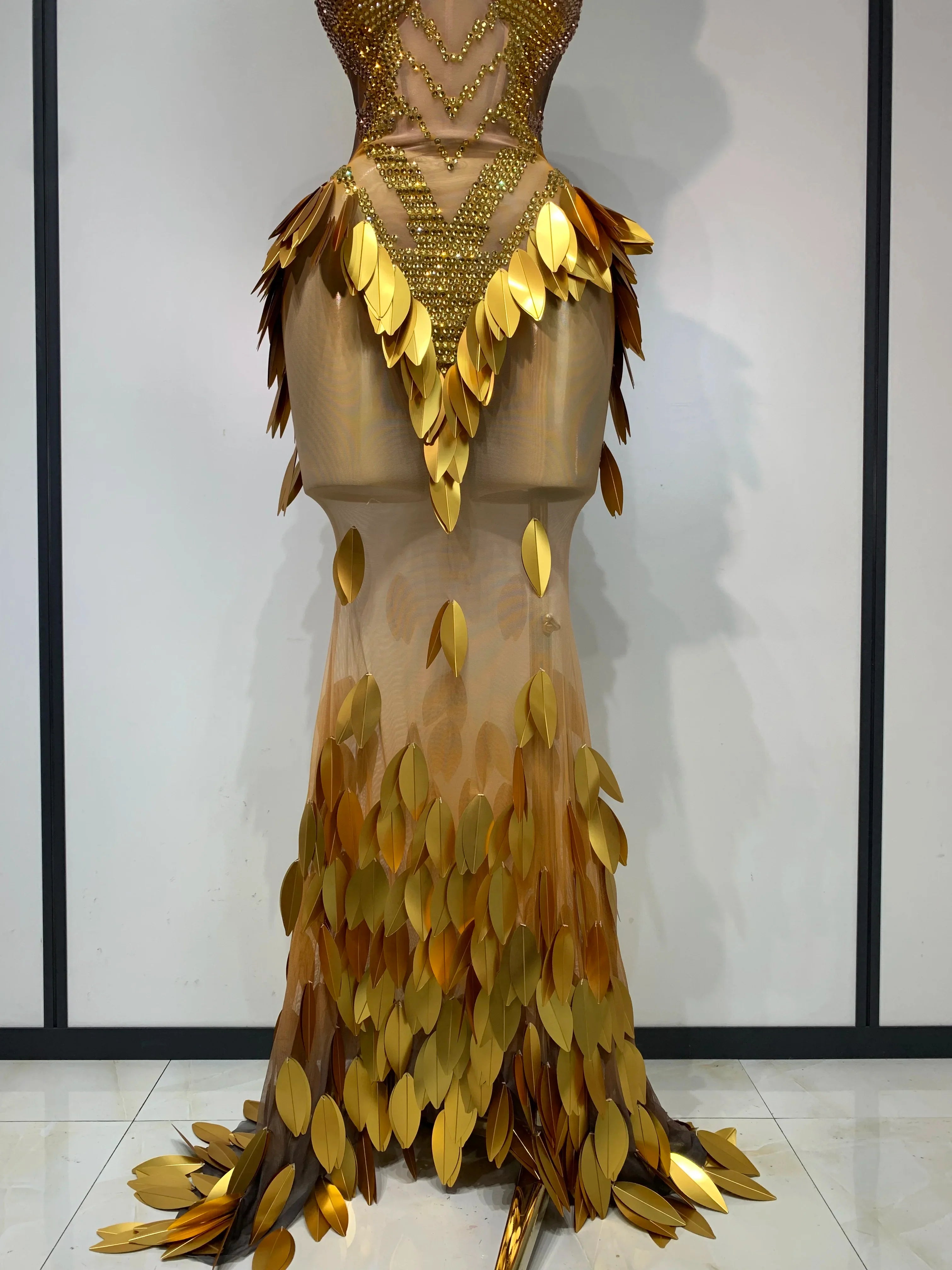 Women’s gold rhinestone sequin mesh maxi dress by FLIPSTYLEZLLC, strapless evening gown with sparkly embellishments for parties and prom