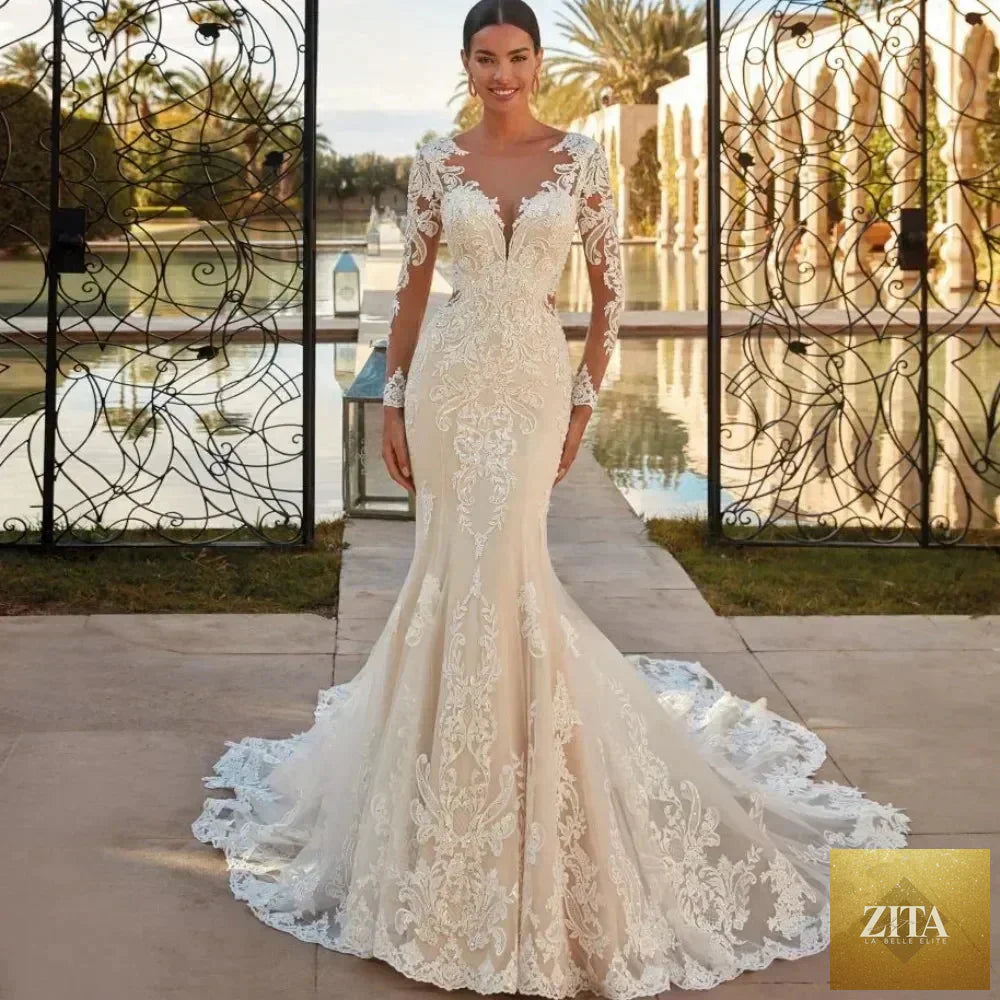 Femstylo boho mermaid wedding dress with long lace sleeves, customizable bridal gown featuring intricate lace details.