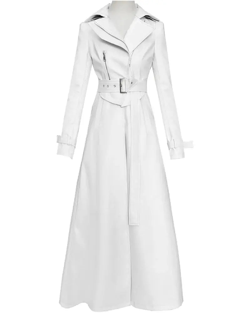 Mauroicardi Spring Autumn White Fitted Long Pu Leather Coat Women Zipper Belt Elegant Chic Luxury Designer Fake 2 Clothes 2024 ZITA LA BELLE ÉLITE