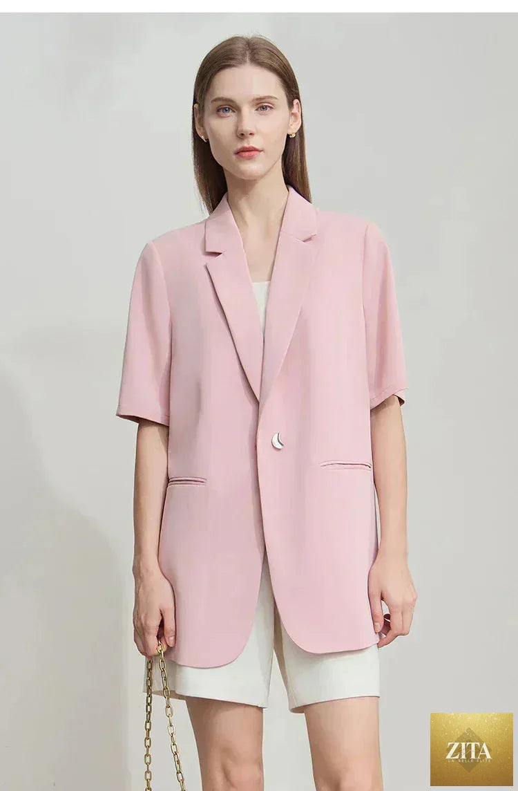 Femstylo Amii Women's minimalist summer blazer with notched lapel, contrast patchwork, one button short sleeve design, image S1931c21e.webp
