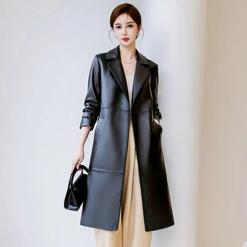 Women's Genuine Leather Trench Coat Lace-Up Long Slim Fit Spring Autumn Sheepskin Top ZITA LA BELLE ÉLITE