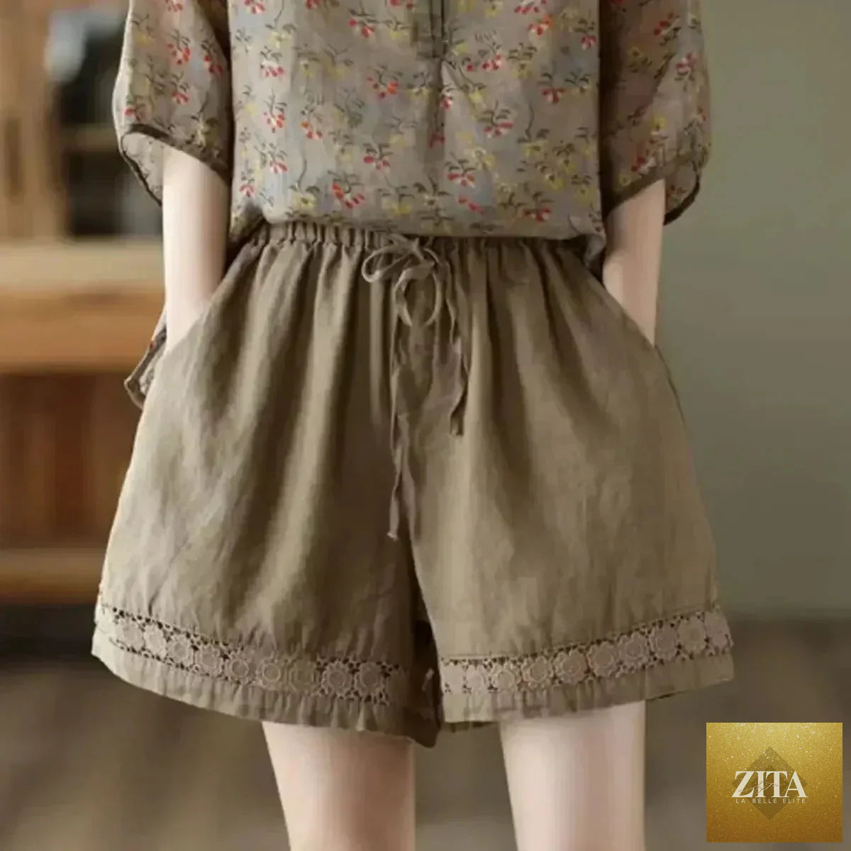 Femstylo cotton linen vintage high-waist shorts with tie-belt, embroidered hollow design, casual straight fit, new style.