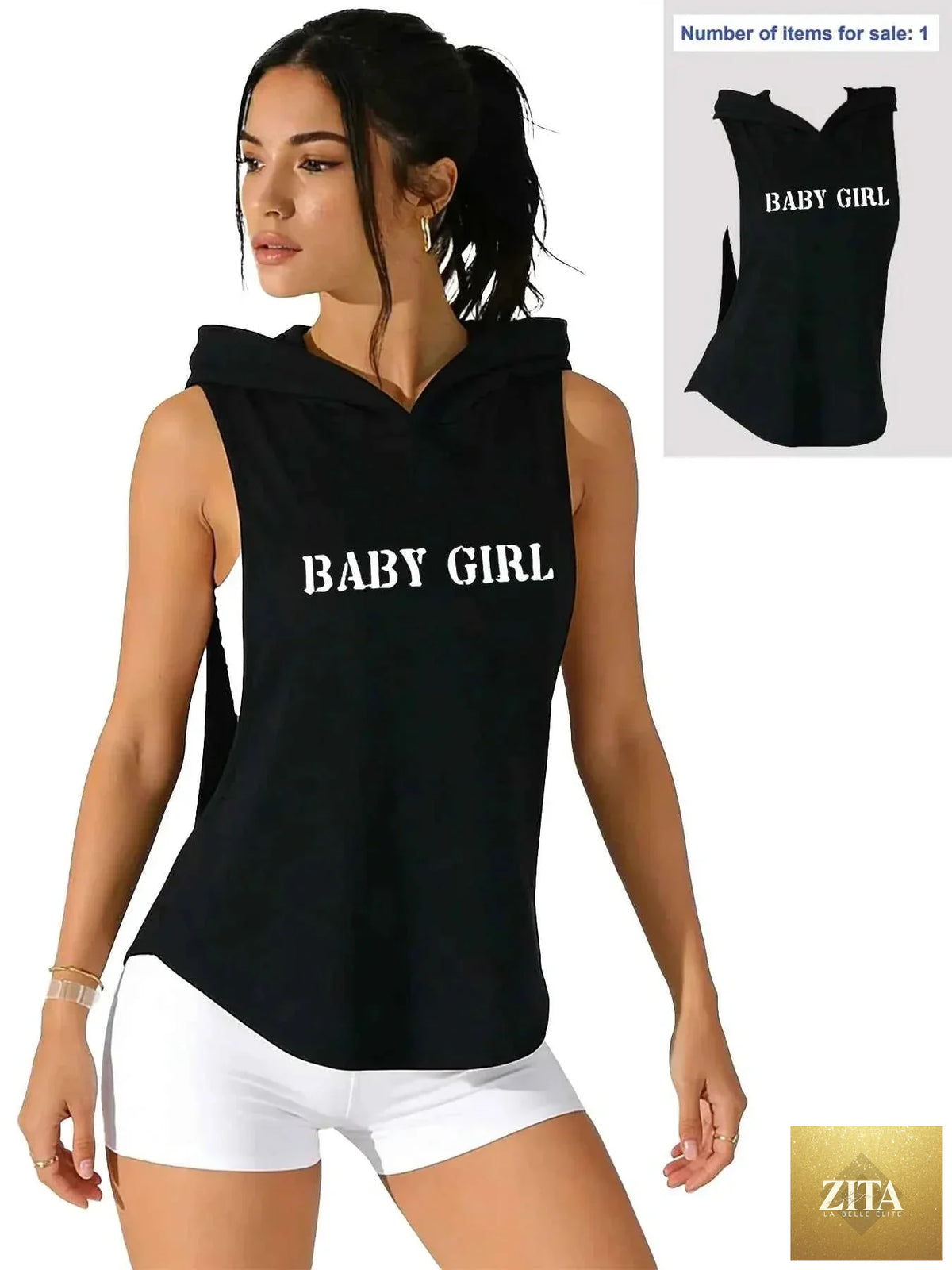 Baby girl wearing a THRIXINE cutout hooded tank top with sleeveless design and stylish cutout details.