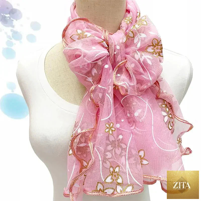 Lightweight silk women’s lace scarf with elegant print, ideal as a neckerchief or shawl, styled by Trendy Attic Store01