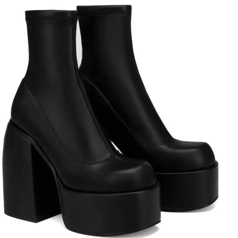 Women’s black leather short boots with square toe, zipper, high heels, and thick sole, casual fashion shoes by LadyShow.