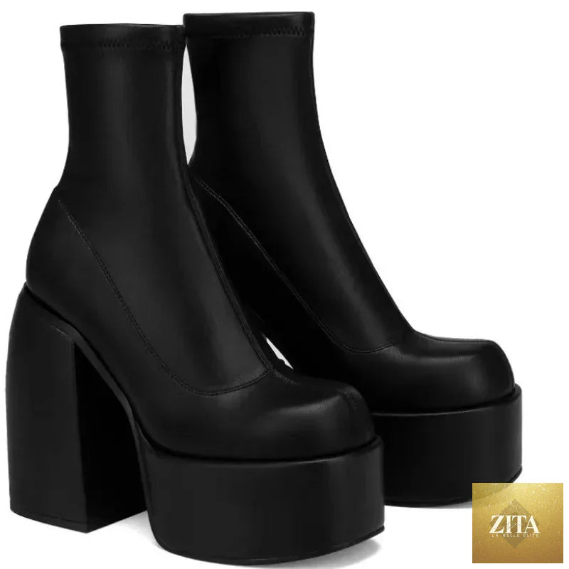 Women’s black leather short boots with square toe, zipper, high heels, and thick sole, casual fashion shoes by LadyShow.