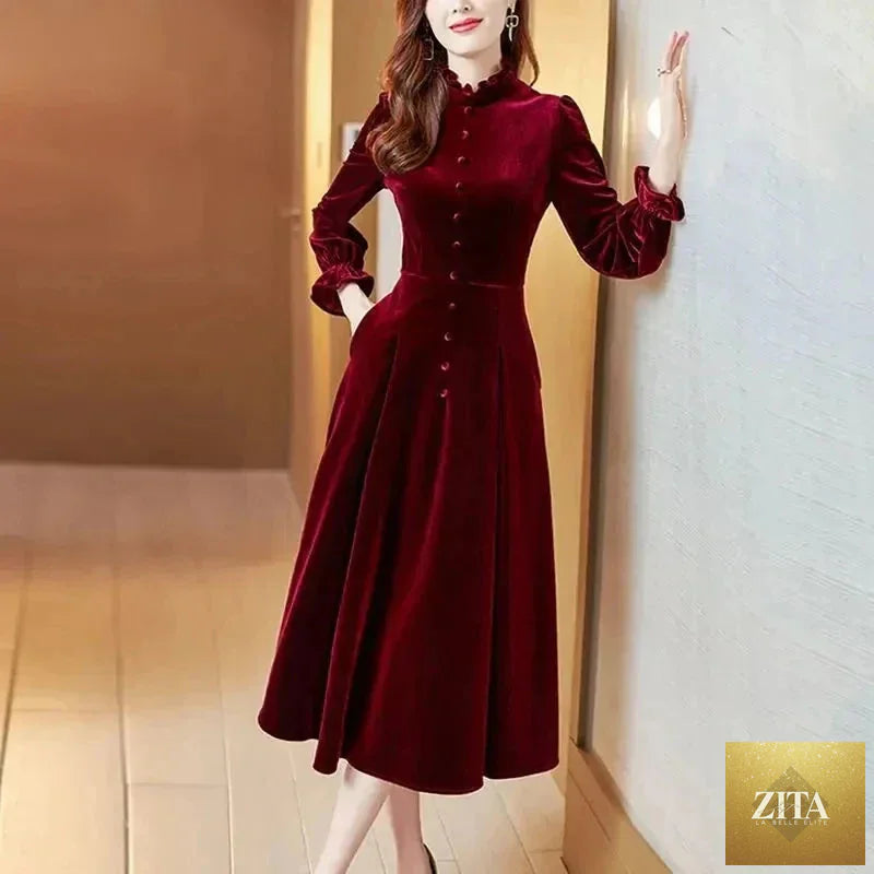 Wine red velvet women’s maxi dress with long sleeves, elegant evening gown by SMinvite, LLC, featuring a flowing long dress design