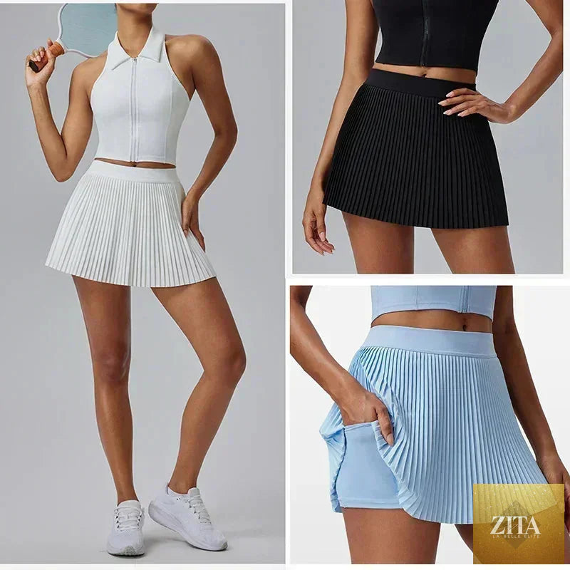Femstylo floral sports skirt for women, quick-drying badminton and tennis skirt with pleated design and built-in shorts.