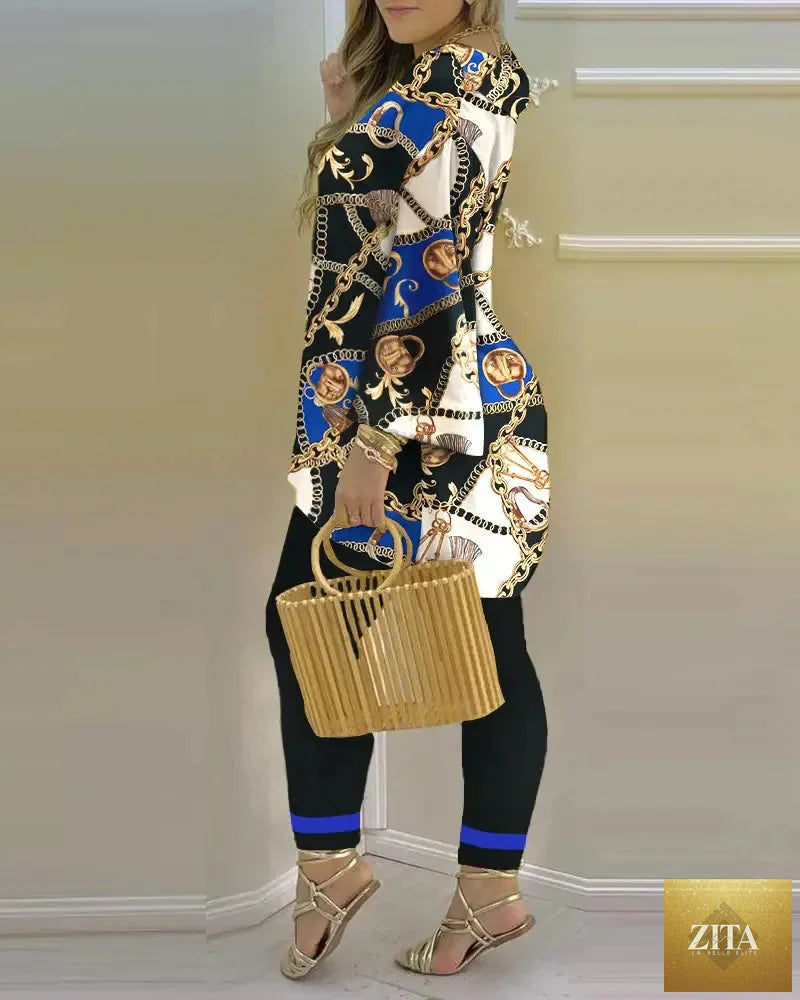 Women’s long sleeve V-neck polyester two-piece set featuring printed design, stylish and comfortable for casual wear.