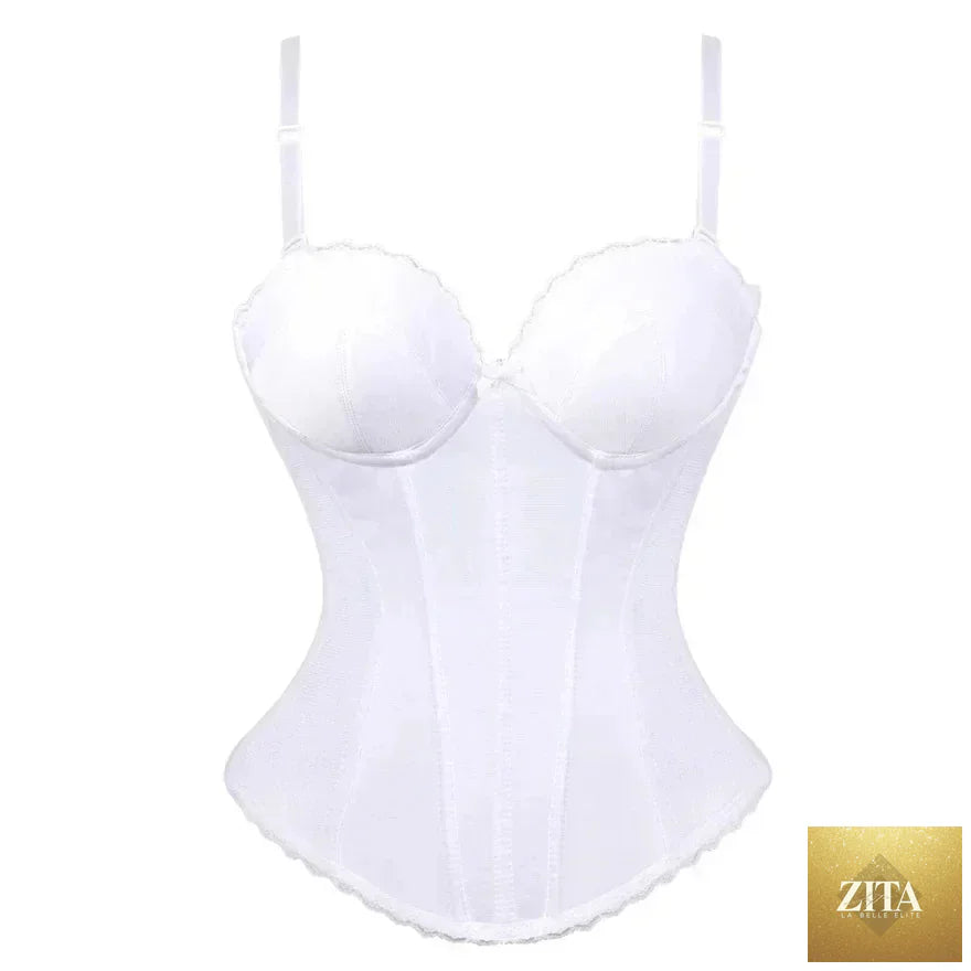 Black and white Femstylo overbust corset top with adjustable straps, cotton bustier, lingerie body shaper underwear on a model.