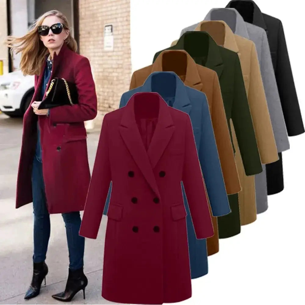 Mid-Length Woolen Women's Coat Double-Breasted Woolen Coats Trench Solid Color Autumn Winter Warm Outwear ZITA LA BELLE ÉLITE