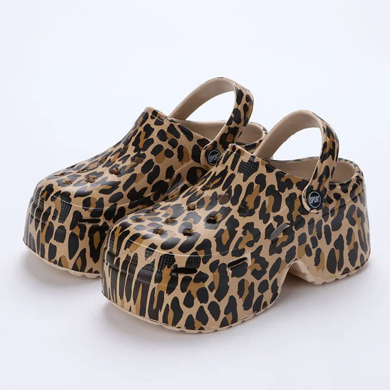 Leopard print women's thick bottom clogs with closed toe, chunky platform wedge heel, summer 2023 slippers, LadyShow.Store.