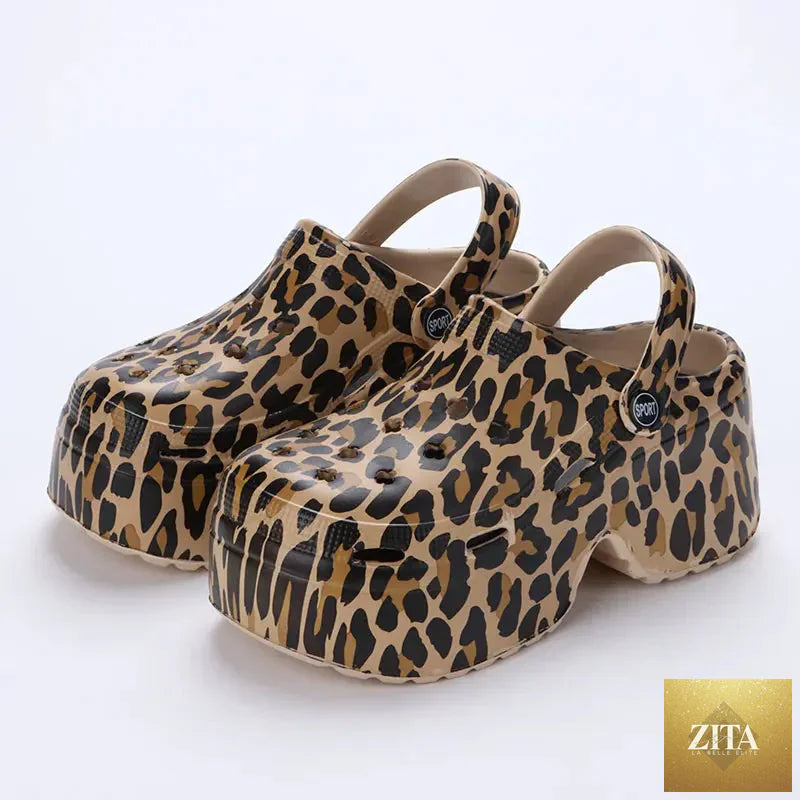 Leopard print women's thick bottom clogs with closed toe, chunky platform wedge heel, summer 2023 slippers, LadyShow.Store.