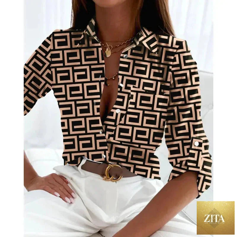 Women’s printed long-sleeve lapel shirt by FitiqueFit, casual elegant blouse with a stylish pattern and relaxed fit.