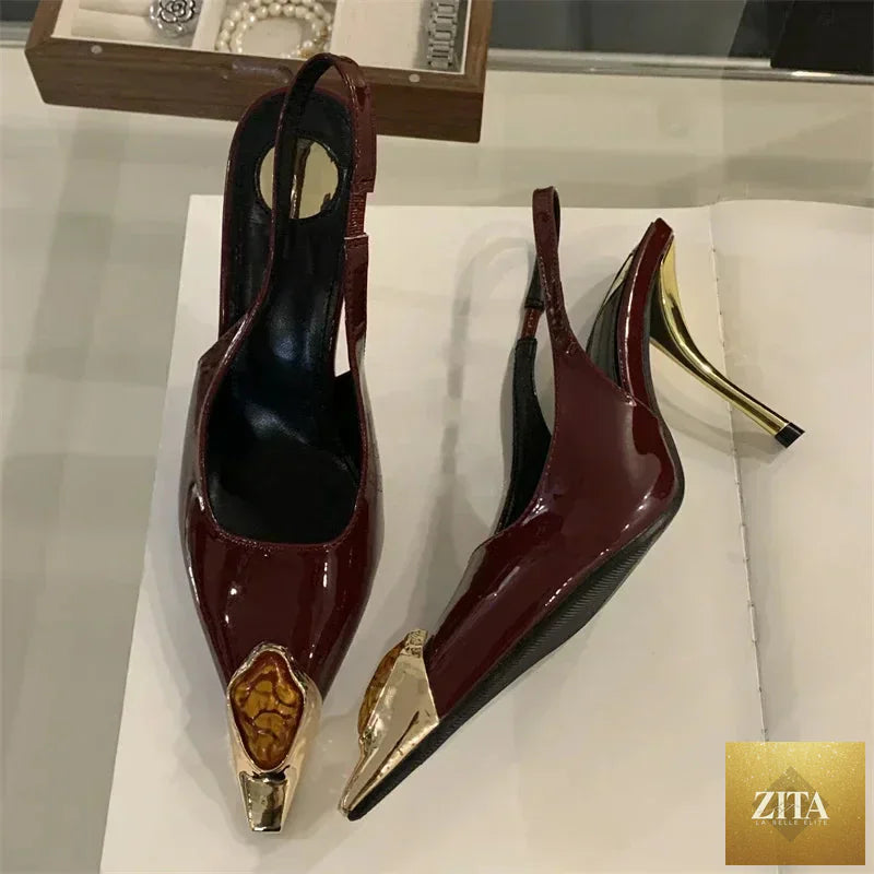 Elegant LadyShow.Store woman pumps sandals with metal square head design, low heel, and diamond accents for stylish banquet wear