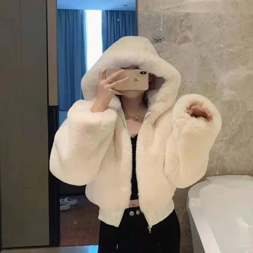 Luxury Short Faux Rabbit Fur Coat Women Crop Top Winter Thicken Warm Clothing Small Furry Hooded Faux Fur Jacket Fluffy Jackets ZITA LA BELLE ÉLITE