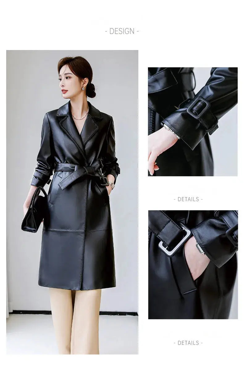 Women's Genuine Leather Trench Coat Lace-Up Long Slim Fit Spring Autumn Sheepskin Top ZITA LA BELLE ÉLITE