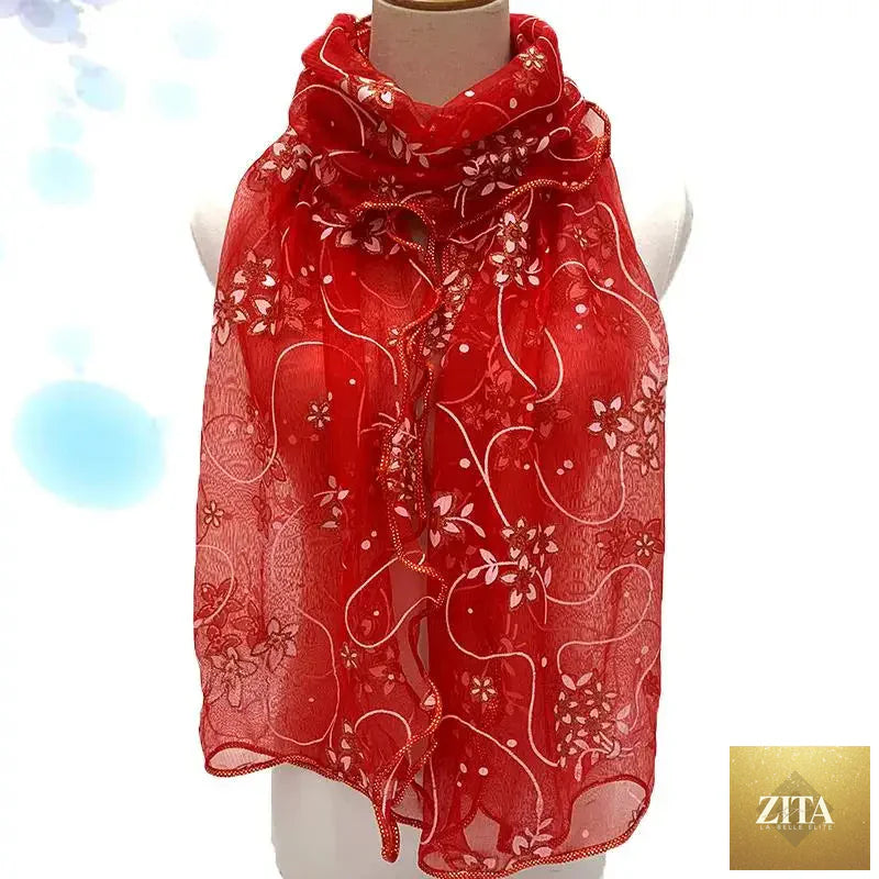 Lightweight lace scarf with elegant print, silk neckerchief wrap for women, featuring delicate detailing and a stylish design.