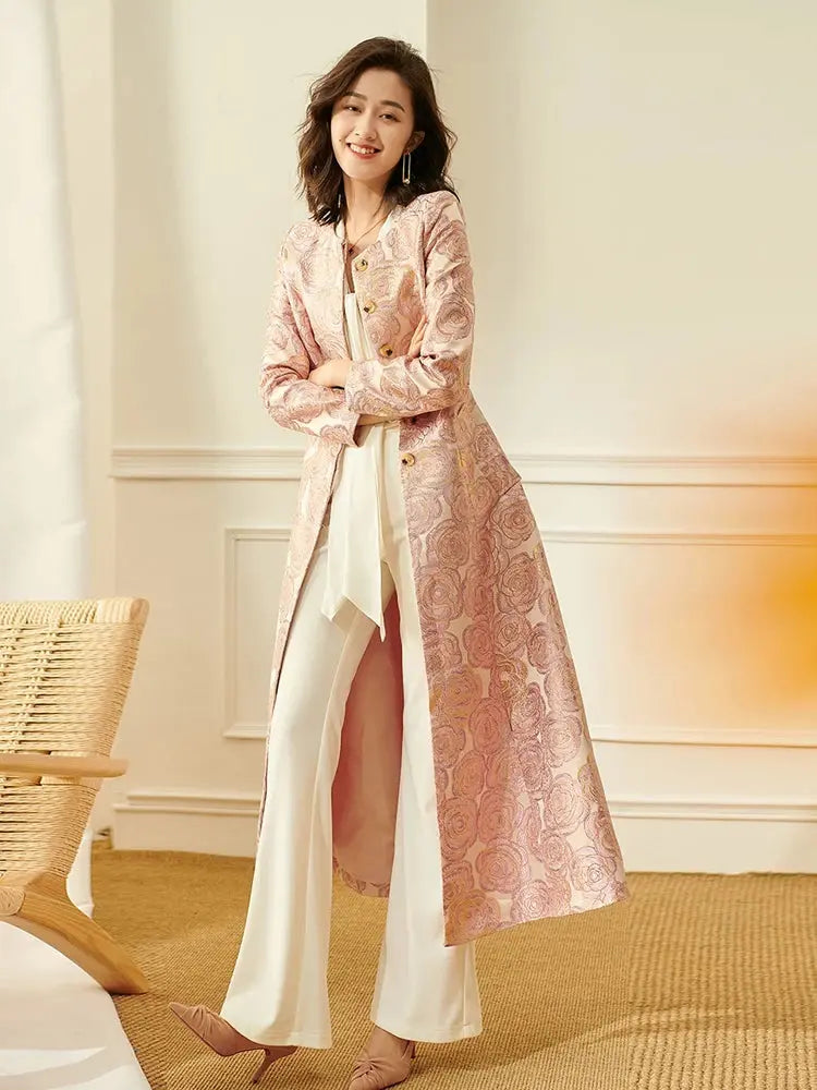 Luxury Women Long Trench Jacquard Coat Button Front Overcoat Fall Winter Floral Elegant Jackets Outerwear Party Outfit Clothes ZITA LA BELLE ÉLITE
