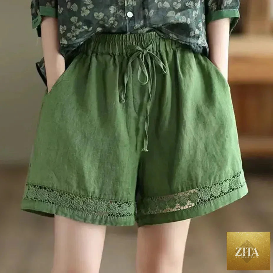 Femstylo cotton linen high-waist shorts with tie-belt, embroidered hollow design, casual straight fit, new style for summer wear.