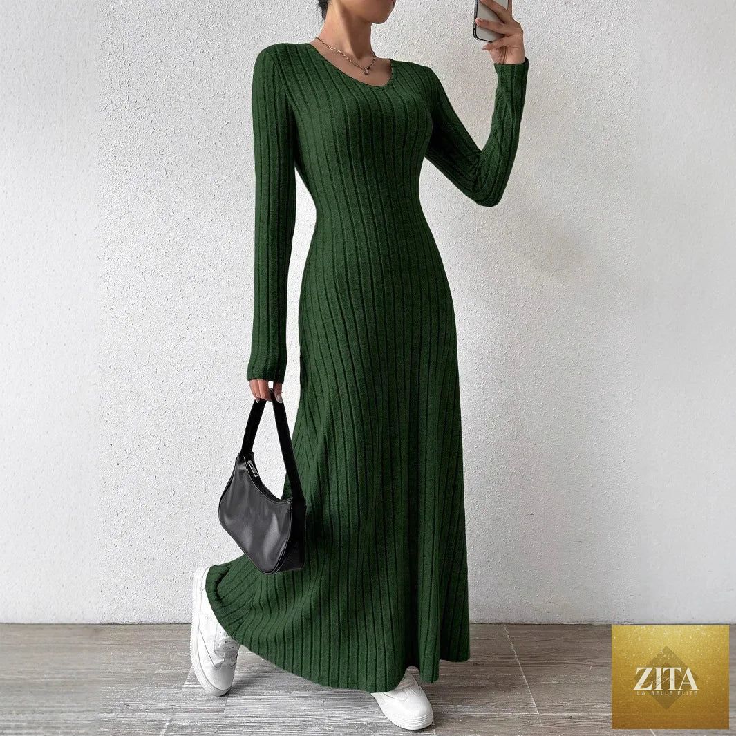 Women’s knitted elegant winter maxi dress with O-neck and long sleeves, stylish and cozy by SMinvite, LLC.