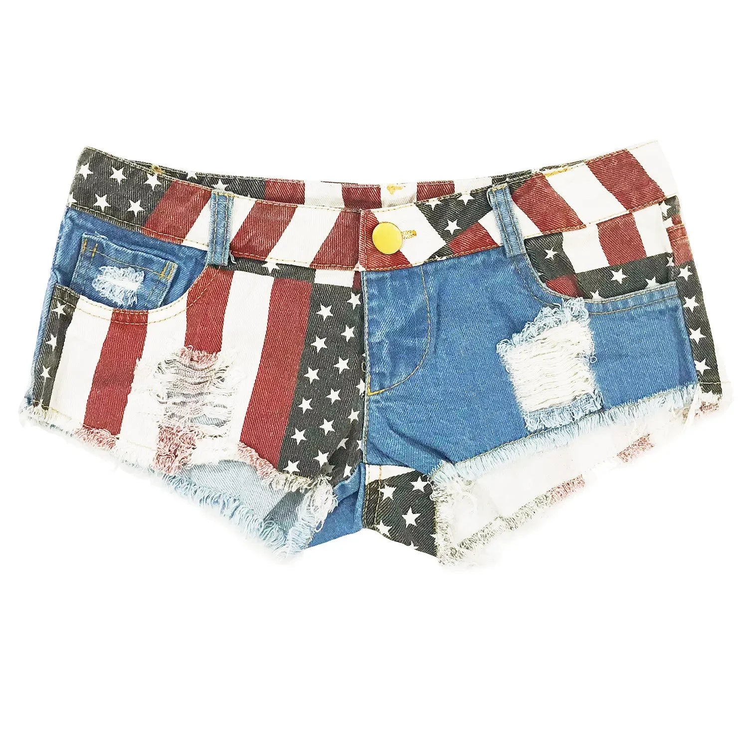 Women's low-rise American flag print ripped denim shorts by FLIPSTYLEZLLC, featuring a summer-style mini hot denim design.