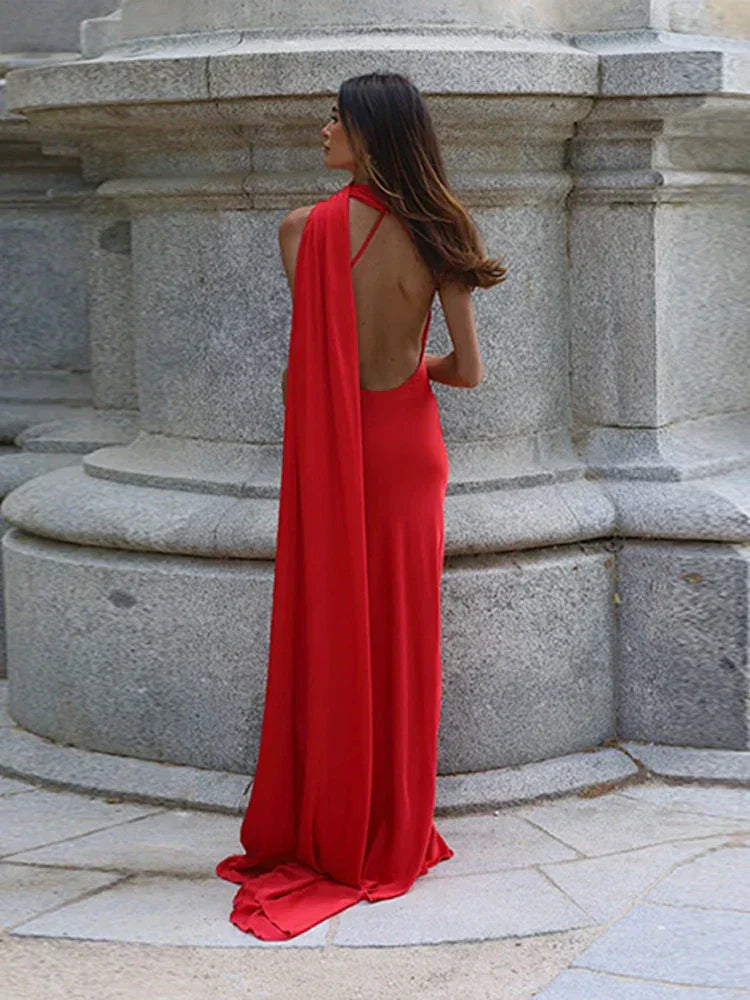 Backless lace-up maxi dress by Femstylo, sleeveless evening gown with ribbon details, suitable for formal parties.