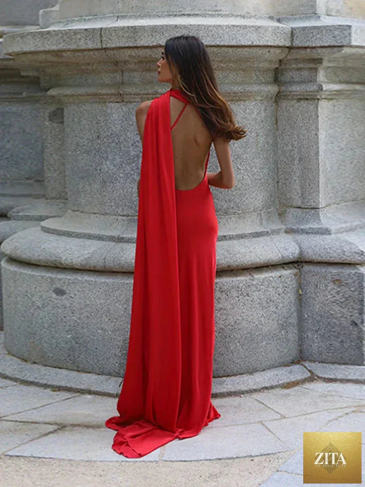 Backless lace-up maxi dress by Femstylo, sleeveless evening gown with ribbon details, suitable for formal parties.