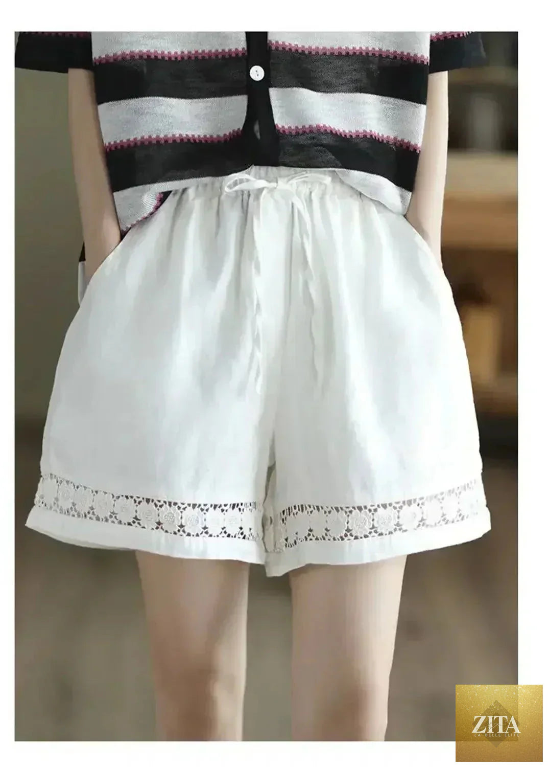 Femstylo cotton linen vintage high-waist shorts with tie belt, embroidered hollow details, casual straight fit, new style design.