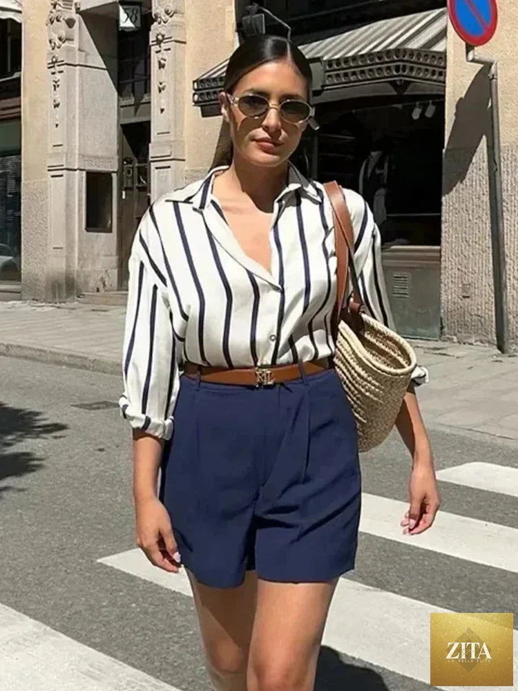 Ladyez women's black oversized stripes shirt with turn-down collar, casual loose fit, vintage-inspired blouse for autumn and spring.