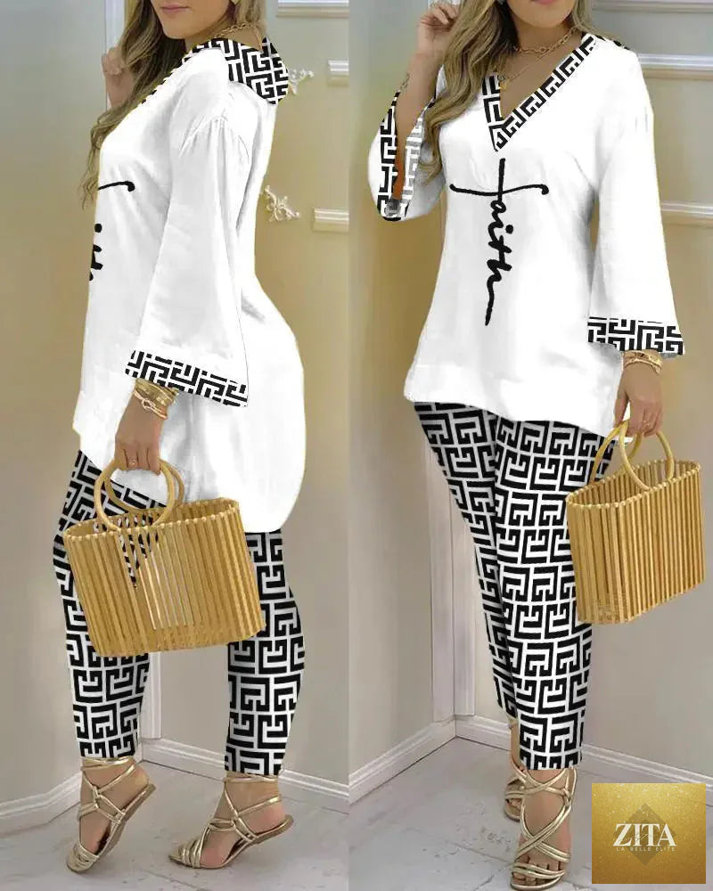 Women’s long sleeve V-neck two-piece set with printed polyester fabric, stylish and comfortable for casual wear.