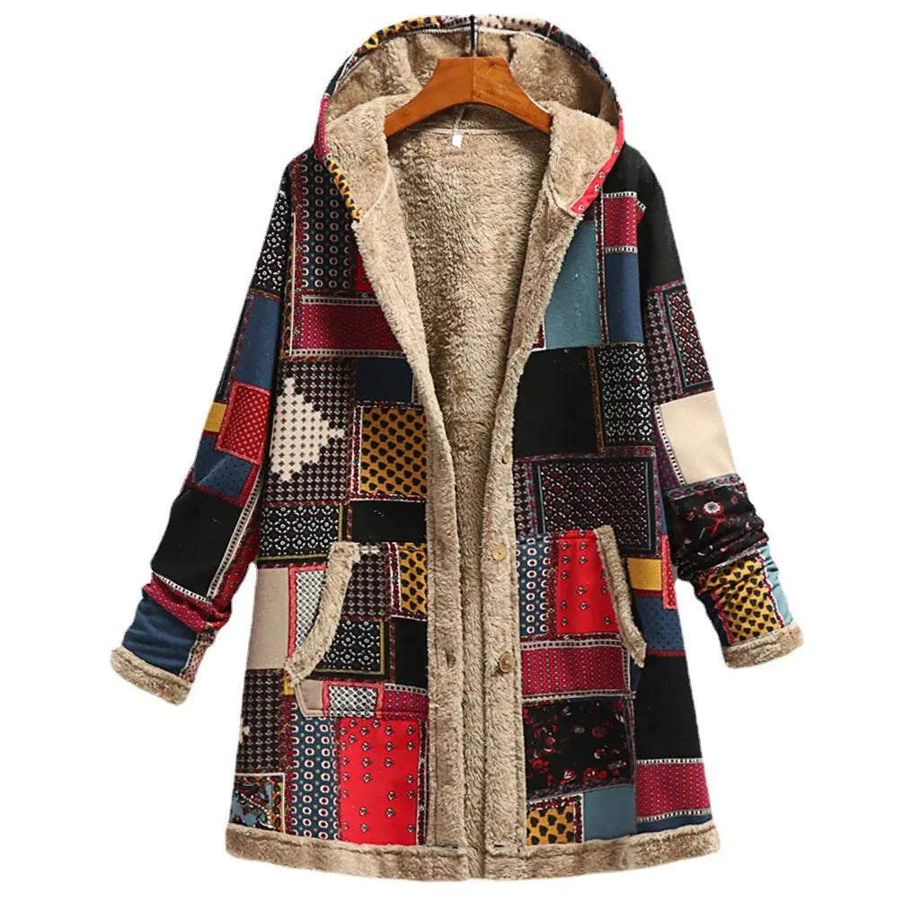 Women's Long Plush Jacket with Cotton and Linen Print Hooded Sweatshirt for Warmth, Winter New Style ZITA LA BELLE ÉLITE