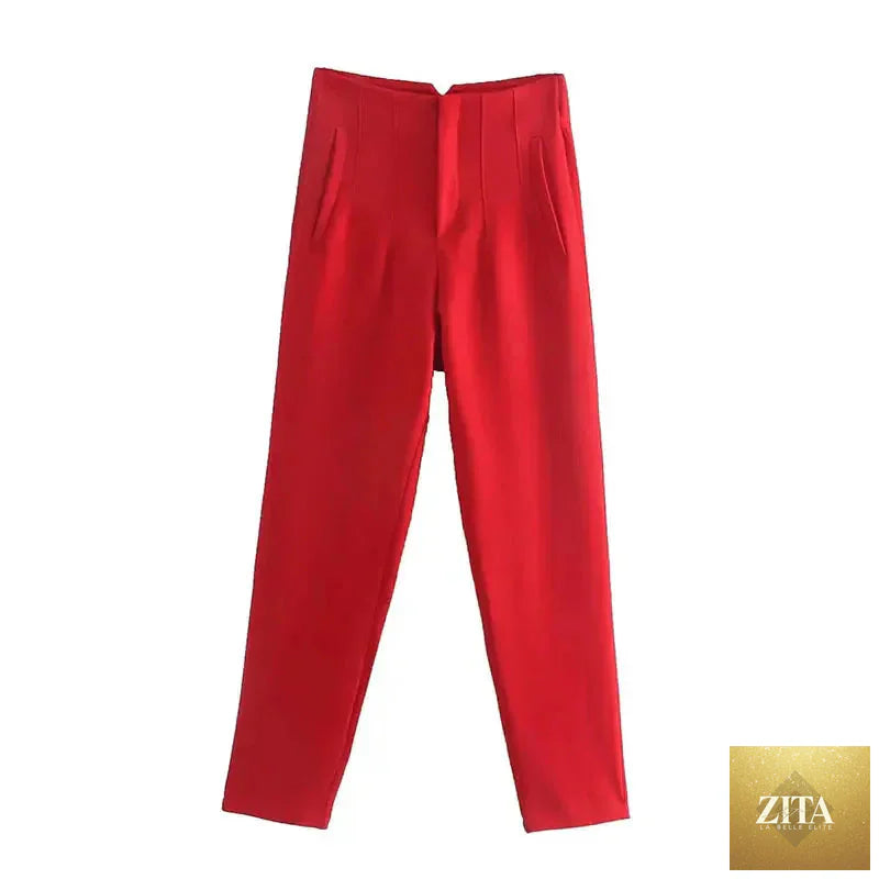 Women’s high waist slim casual trousers by Zita La Belle Elite, shown in a neutral fabric with a fitted waist and tapered legs.