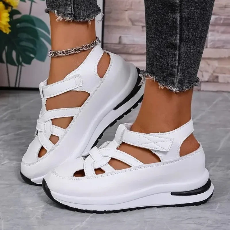 Casual hollow out flat sandals for women with a thick platform, rubber sole, and summer style, featuring a thin, heightening design.