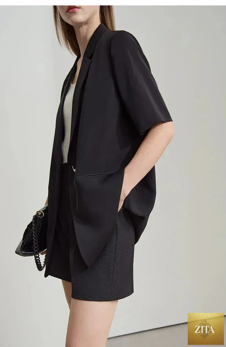 Femstylo Amii Women's Summer blazer with notched lapel, contrast patchwork, one button short sleeves, minimalist design