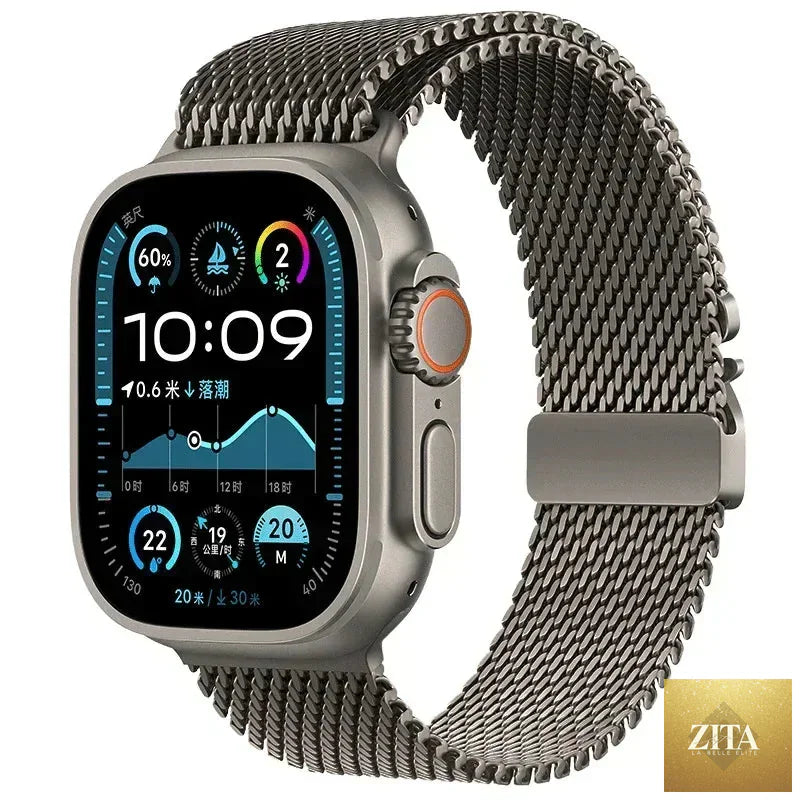 Apple Watch with BandsCo Straps titanium Milanese loop strap, showcasing a sleek, durable, and stylish metallic watch band.