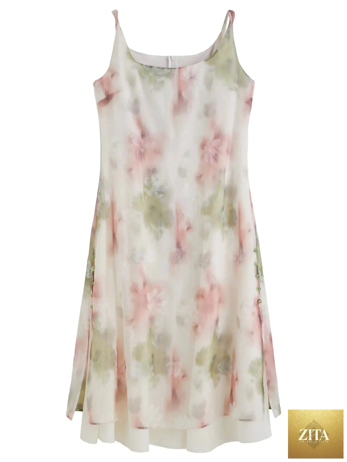 Plus size Loran romantic summer dress with blush flocked fabric, featuring straps and a flowing silhouette for date nights.