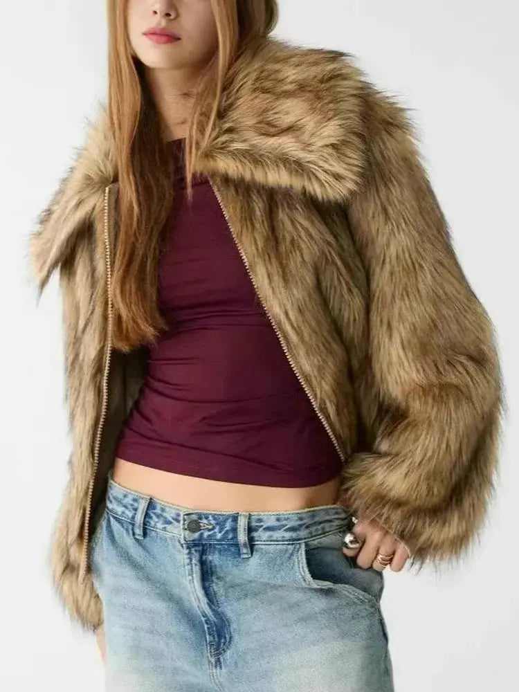 Fluffy Lapel Jackets for Women, Long Sleeves, Casual Zipper Jackets, Luxury Faux Fox Fur, Loose, Thick, Warm,Street Coats,Winter ZITA LA BELLE ÉLITE