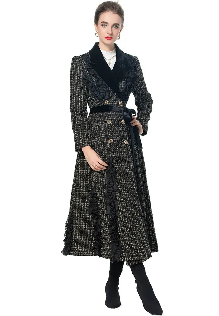 MoaaYina Winter Gray Black Coat With Grid Pattern And Double Breasted Lace Up Coat With Fungus Edge S-4XL ZITA LA BELLE ÉLITE