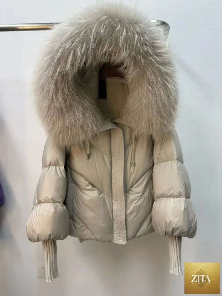 Women Winter Goose Down Jackets Real Fox Fur Collar Hooded Thick Natural Raccoon Fur Female Outwear Warm Loose Puffer Coats