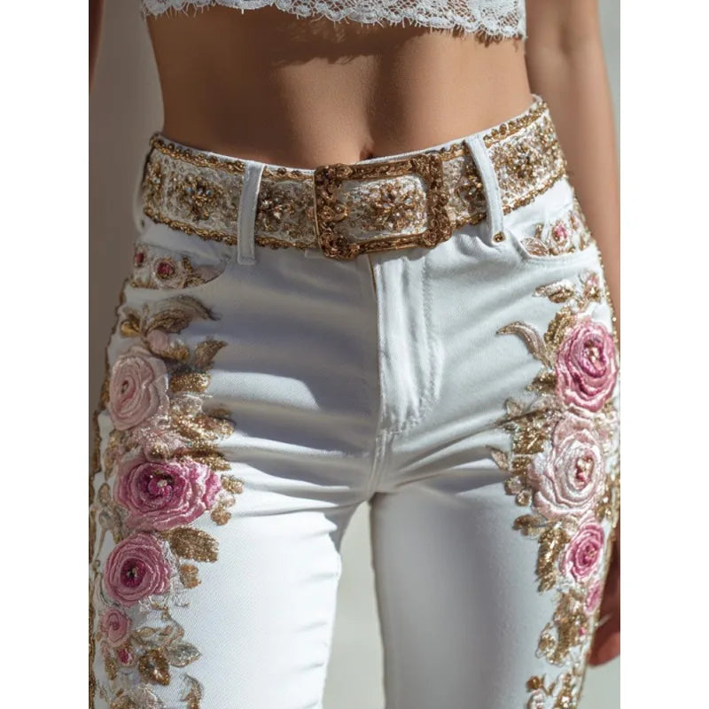 Women's European American Style Floral Print Jeans Straight Leg Casual Denim Pants