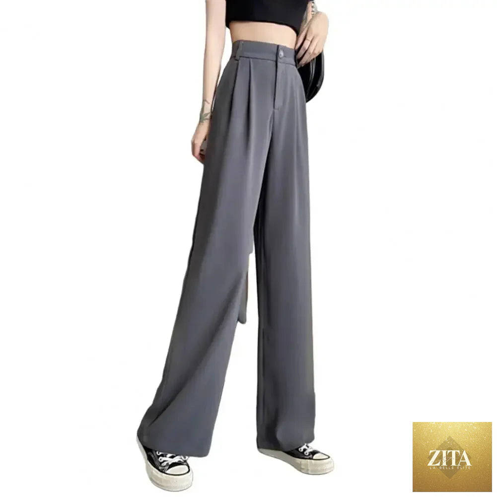 Ladyez women's high waist straight wide-leg trousers with solid color, elastic waistband, slant pockets, ideal for office wear