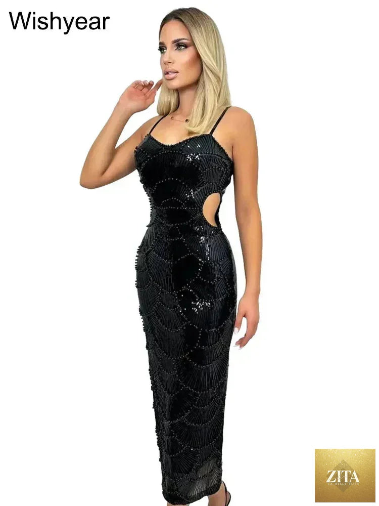 Femstylo women's sequin hollow-out backless mermaid evening gown with spaghetti straps, ideal for parties and special occasions.
