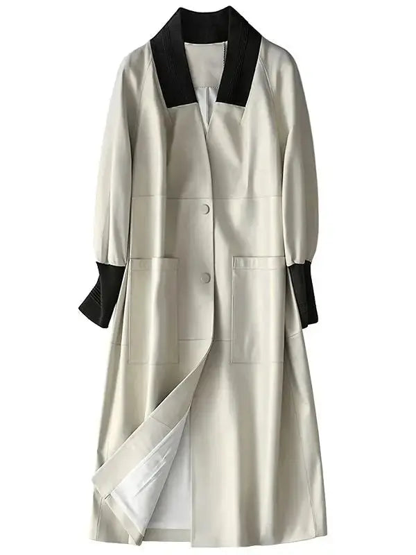 Nerazzurri Spring Autumn Loose Long Leather Trench Coat for Women with V Neck Raglan Sleeve Pockets Luxury Designer Clothes 2022 ZITA LA BELLE ÉLITE